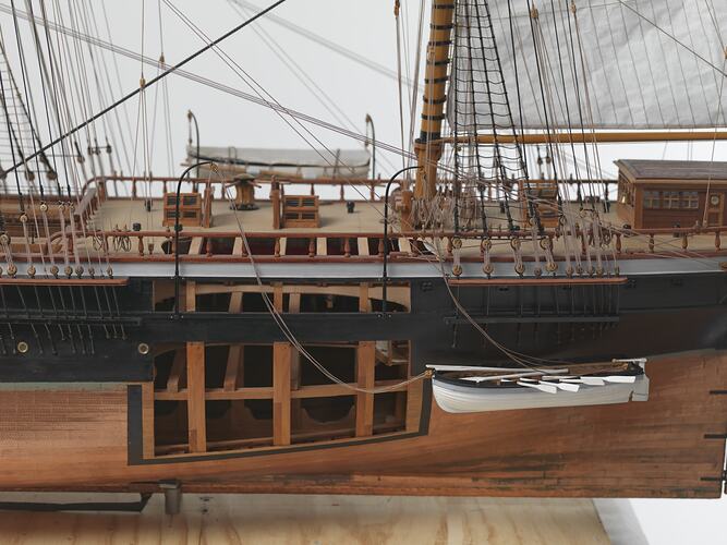 Model clipper ship detail. Cut out on side to show interior.
