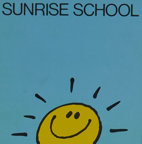 Blue square with yellow smiling 'sunshine' face at base. Blue printed text at top.