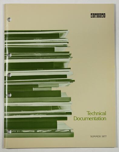 Cream booklet cover with green printed stack of books. Green text.