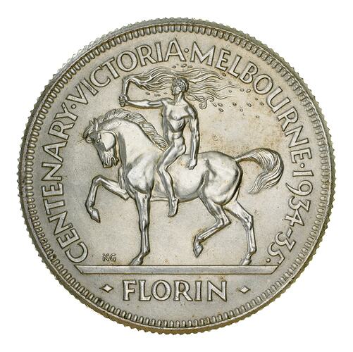 Specimen Coin - Florin (2 Shillings), Centenary of Victoria & Melbourne, Victoria, Australia, 1934-1935, photographed by Museums Victoria