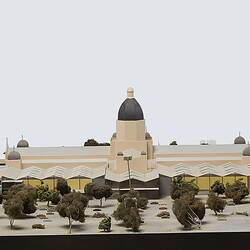 Architectural model of Royal Exhibition Building, Carlton Gardens with fountains, carpark and annexes.