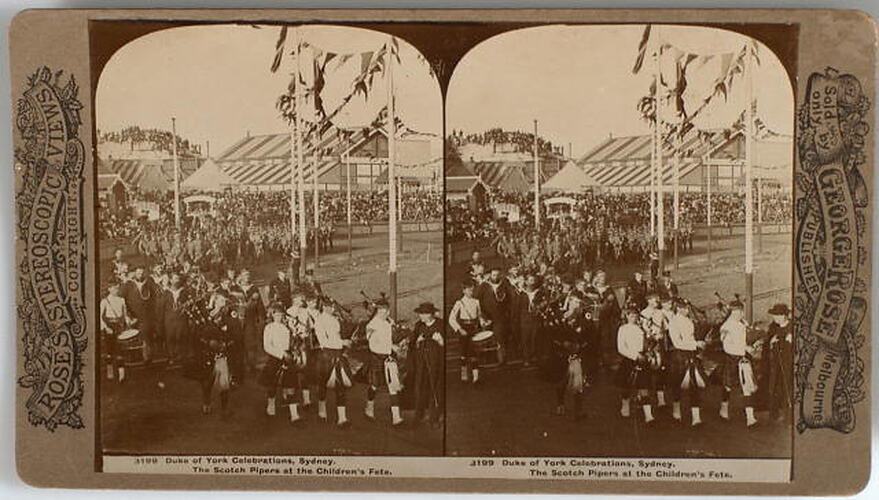 Double image of scottish marching band of boys with bagpipes, uniformed men behind. Large crowd. watching.