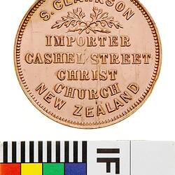 Token - 1 Penny, S. Clarkson, Importer & Wholesaler, Christchurch, New Zealand, 1875
