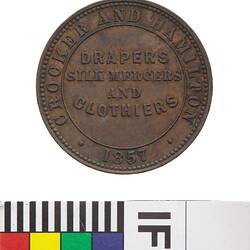 Token - Halfpenny, Crocker & Hamilton, Drapers & Clothiers, Adelaide, South Australia, Australia, 1857