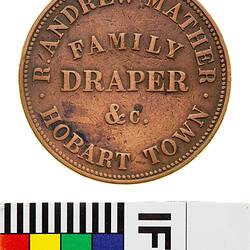 Token - 1 Penny, Robert Andrew Mather, Family Draper, Hobart, Tasmania, Australia, circa 1855-1860