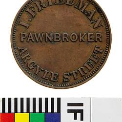 Token - 1 Penny, I. Friedman, Pawnbroker, Hobart, Tasmania, Australia, 1857