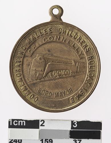 Round bronze coloured medal with building and text surrounding.