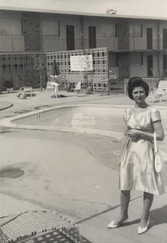Digital Photograph - Woman on  Honeymoon, outside California Hotel, Hawthorn, 1964