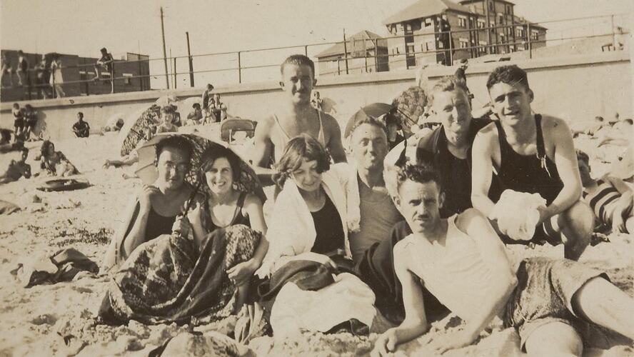 Digital Photograph - Group of Friends at St Kilda Beach, mid 1930s