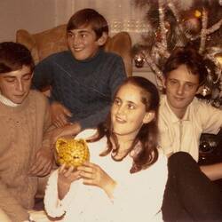 Digital Photograph - Three Boys & a Girl Holding Present, Syndal, Christmas, circa 1970