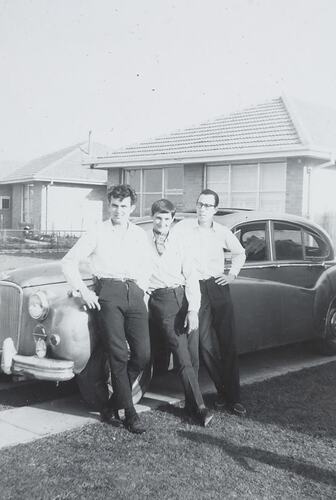 Digital Photograph - Three Men Posing in front of Jaguar mark VII car, Broadmeadows, circa 1960