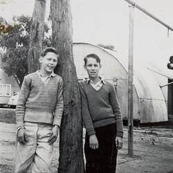 Digital Photograph - Two Boys in Front of Nissen Hut, Nunawading Migrant Hostel, 1958-1959