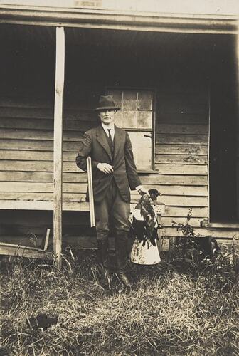 Digital Photograph - Man with Shot Gun & Freshly Killed Birds, Front Verandah, Saint Margaret Island, circa 1910