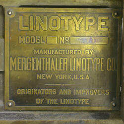 Manufacturer's Plate of Typesetting Machine - Mergenthaler Linotype Model 8, Line Casting, 1930s