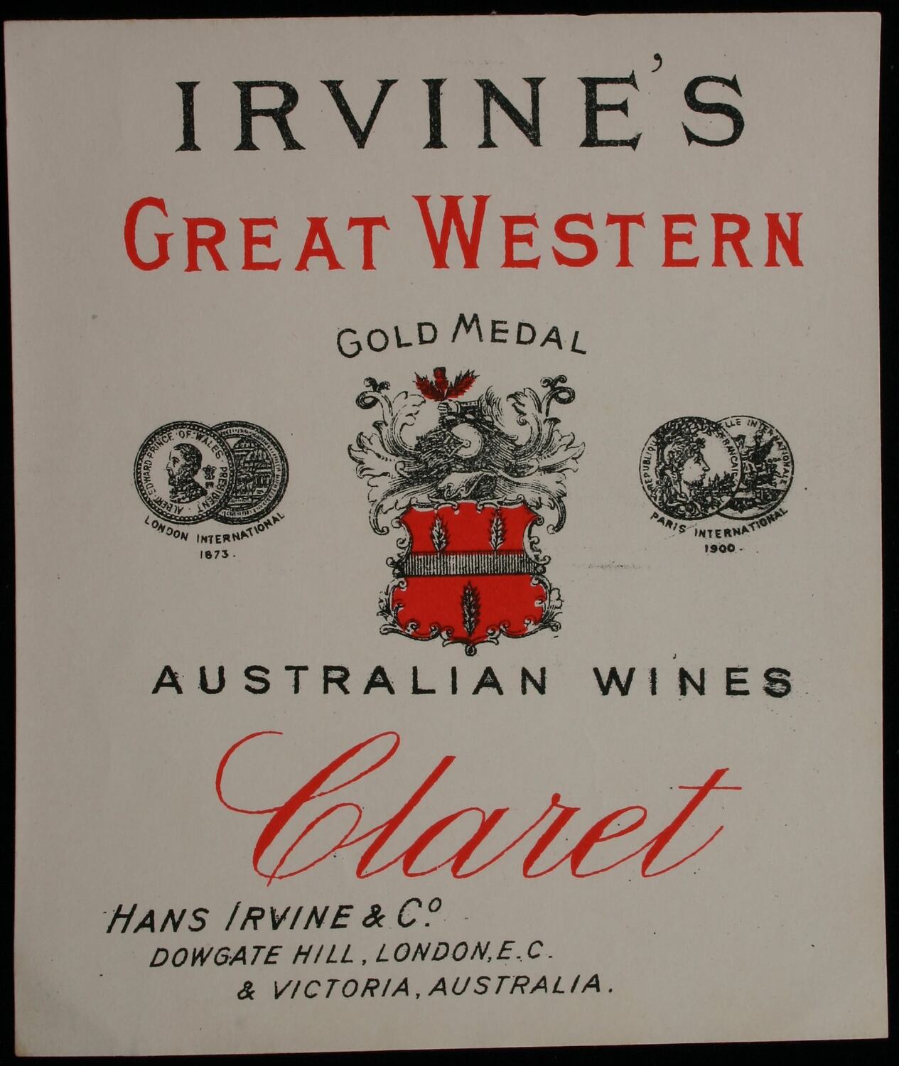 Wine Label Great Western Winery Claret 1905 1918