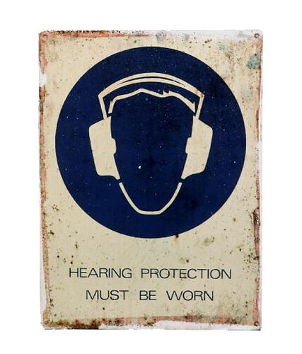 Sign with graphic of black head with white ear muffs.