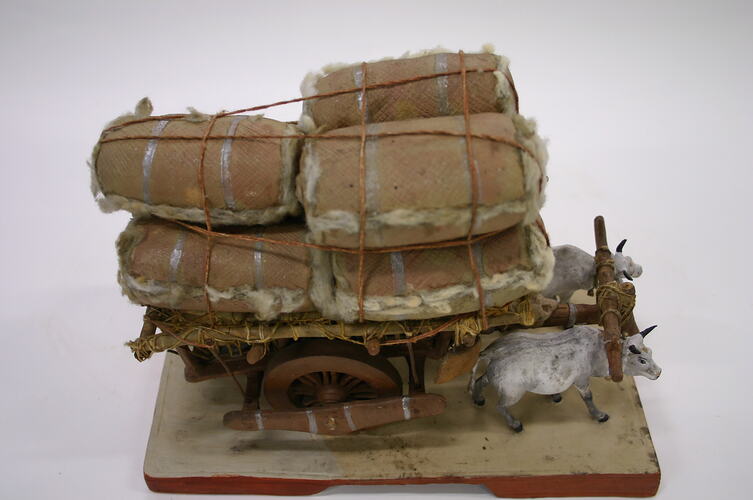 Indian Figure - Cart Laden with Cotton Drawn by Two Bullocks, Clay, circa 1880