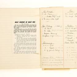 Open exercise book with attached printed article on left and cursive handwritten recipes on right.