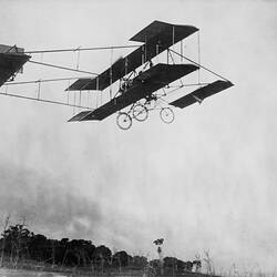 Duigan Pusher Bi-plane in flight at Spring Plains Station, Mia Mia, May 31 1911
