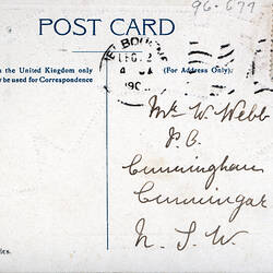 Postcard - South West Facade, Exhibition Building, VSM Series, Melbourne, circa 1906 (Reverse)