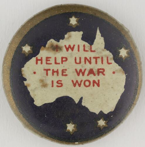 Round patriotic badge with white Australia image.