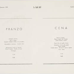 Menu - Italian Sitmar Line, TV Fairsky, Lunch & Dinner, 13 Jan 1959