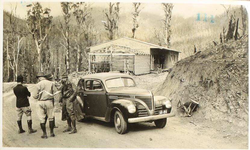 Photograph - Car in Front of Partially Constructed Wooden Building, Victoria, circa 1940