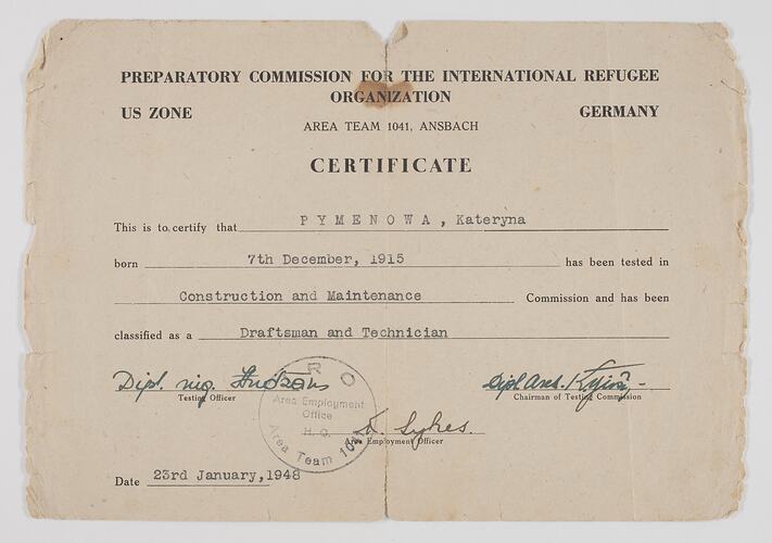 Certificate - Preparatory Commission for the International Refugee Organization