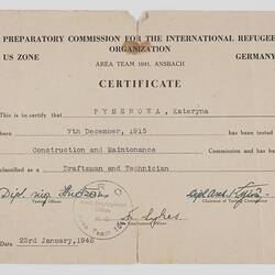 Certificate - Issued to Kateryna Pymenowa, International Refugee Organization, 23 Jan 1948