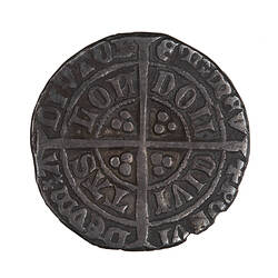 Coin, round, long cross; in each angle three pellets; text around, a legend in two concentric circles.
