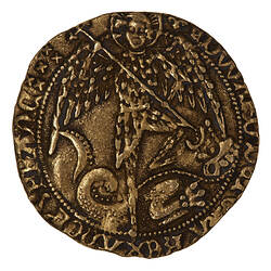 Coin, round, male standing facing with one foot on a dragon which he is spearing in the mouth; text around.