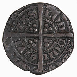 Coin, round, long cross pattee, three pellets in each arm;  tops of outer legend removed by clipping.