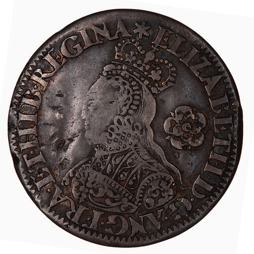 Coin, round, Crowned bust of the Queen, wearing ruff and embroidered dress facing left; behind, rose; text aro