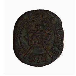 Token, Oval, at centre within a line circle, a crown with crossed sceptres behind; text around.