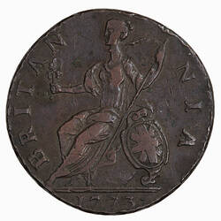 Coin - Halfpenny, George III, Great Britain, 1773 (Reverse)