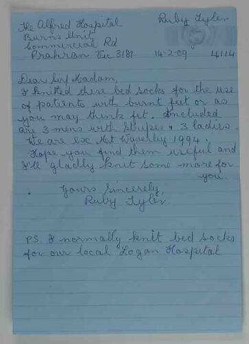 Letter - Mrs. Ruby Tyler to Alfred Hospital Burns Unit, 14 February 2009