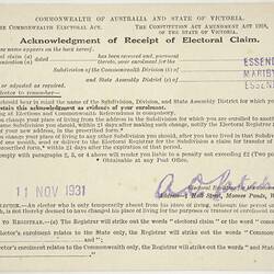 Acknowledgement of Receipt of Electorial Claim - Commonwealth of Australia and State of Victoria, 11 November 1931