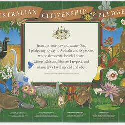 Colourful Australian flora and fauna scene. Text in scroll above text box in centre.