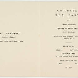 Menu - RMS Ormonde, Orient Line, Children's Tea Party