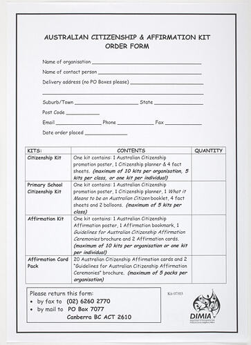 Order Form - Australian Citizenship Information Pack