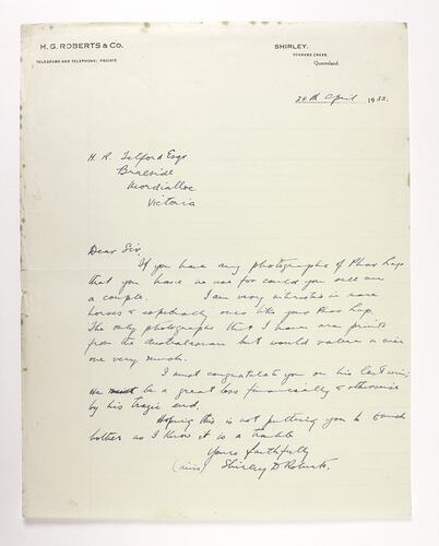 Letter - Roberts to Telford, Phar Lap's Death, 24 Apr 1932