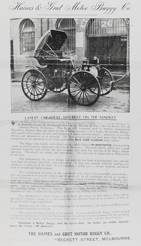 Photograph - Haines & Grut Motor Buggy Co, Motor Buggy Advertisement, Melbourne, Victoria, circa 1909