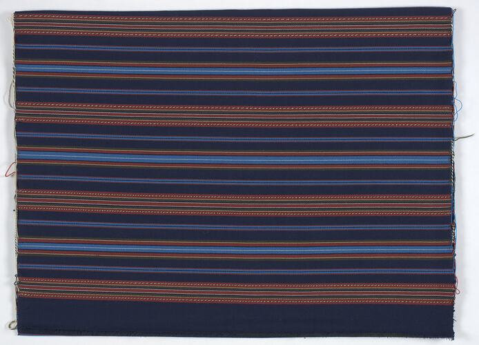 Fabric - Anna Apinis, Latvian, Vidzeme Region, Dark Blue with Blue, Red & Brown Stripes, Sydney, circa 1960s