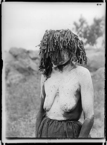 Arrernte woman wearing a mourning headdress, Alice Springs, Central Australia, 1901.