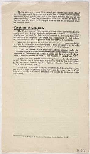 Leaflet - What you should know about the Commonwealth Nomination Scheme, Department of Immigration, Jun 1955, Reverse