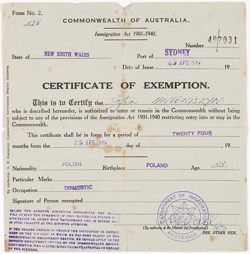 Certificate of Exemption - Issued to Zofia Antoniszyn, Commonwealth of Australia, 29 Apr 1949