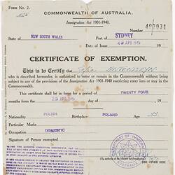 Certificate of Exemption - Issued to Zofia Antoniszyn, Commonwealth of Australia, 29 Apr 1949