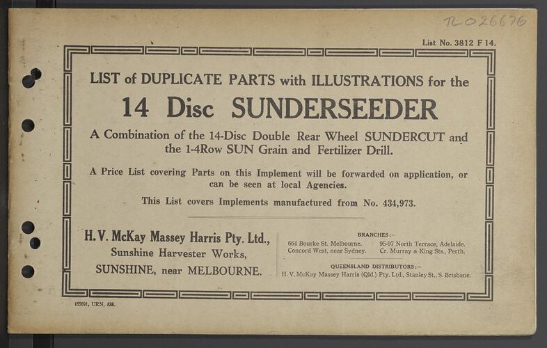 Parts List - H.V. McKay Massey Harris, '14 Disc Sunderseeder', 1938
