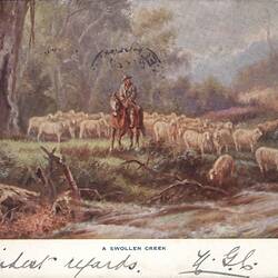 Postcard of a man hearding sheep near river.