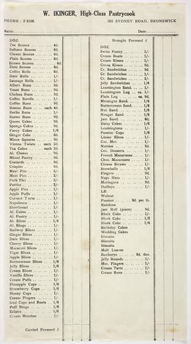 Price List - W. Ikinger Pastry Shop Brunswick, 1930s